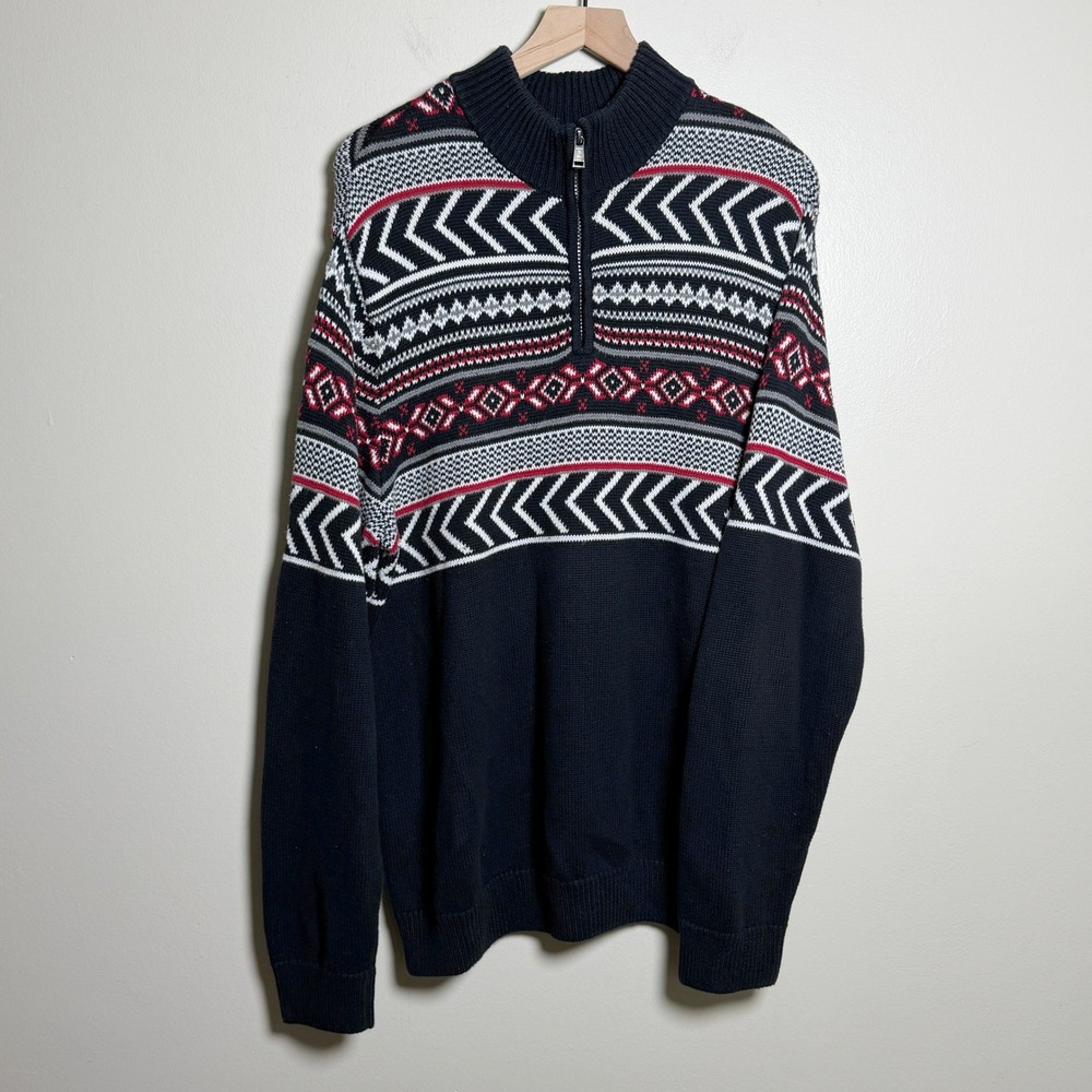 Chaps Mens Cotton Sweater L Black Fair Isle Quarter Zip Nordic Preppy Holiday